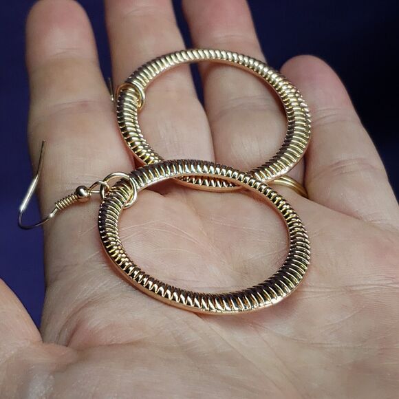 Rose Gold & Copper Tone Textured Holographic Round Dangle Drop Earrings - Picture 5 of 10